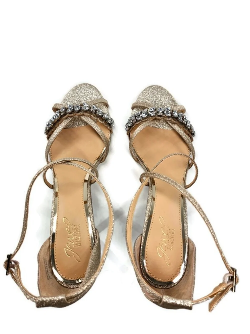 Badgley Mischka Gisele Gold Sparkle Crystals Strappy High Heel Dress Sandals